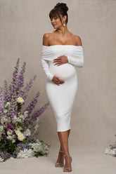 White Maternity Ruched Mesh Bardot Midi Dress